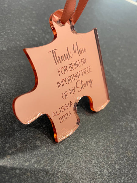 personalised mirrored gold, silver, rose gold jigsaw piece thank you for being a part of my/our story