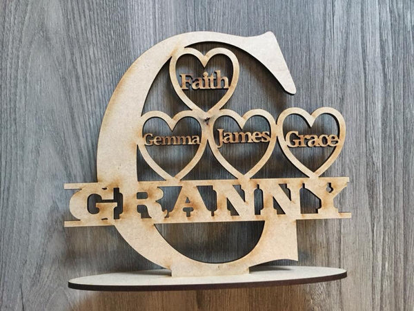 Freestanding Split Letter Name with personalised family hearts
