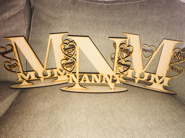 Freestanding Split Letter Name with personalised family hearts