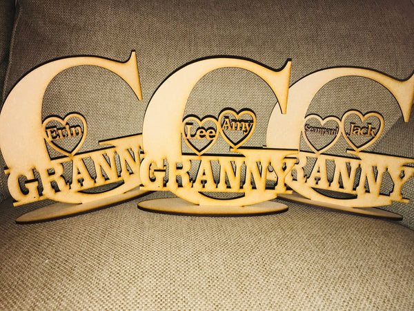 Freestanding Split Letter Name with personalised family hearts
